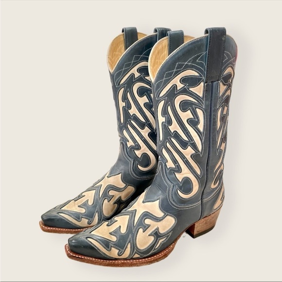 RARE Frye Billy Vintage Blue White Leather Embroidered Pull-On Cowgirl Boots - Picture 8 of 14